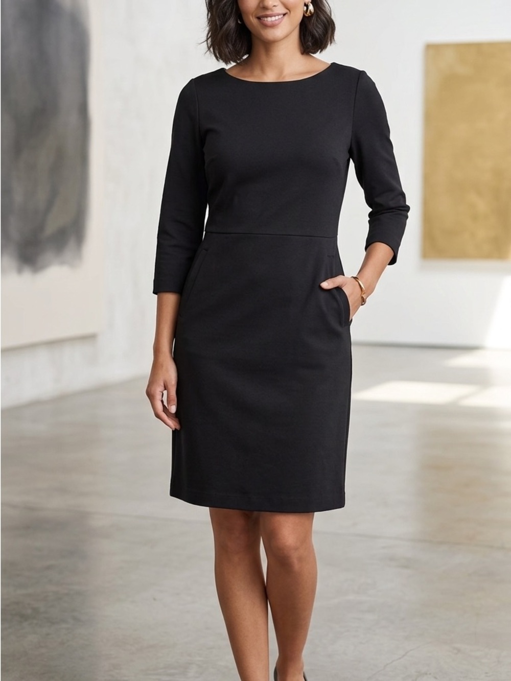 Buffalo David Bitton Black Midi Sheath Dress with 3/4 Sleeves